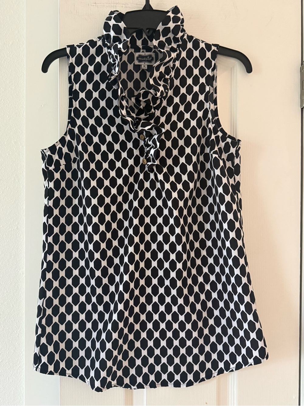 Mud Pie Black White Geometric Ruffle Neck Sleeveless Blouse Top Size S
